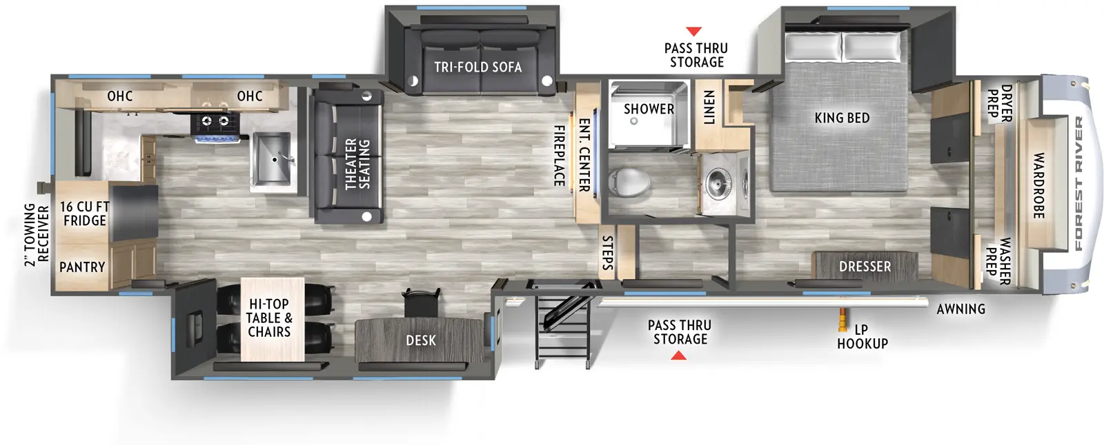 The Cardinal 33CHEF floorplan has one entry and three slide outs. Exterior features include: fiberglass exterior and 15' & 11' awning. Interiors features include: rear kitchen and front bedroom.